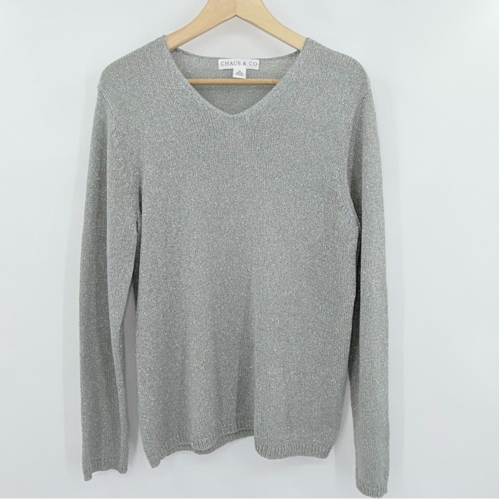 Chaus &‎ Co. Women's Grey Silver Sparkly Shimmery V Neck Pullover Sweater Medium